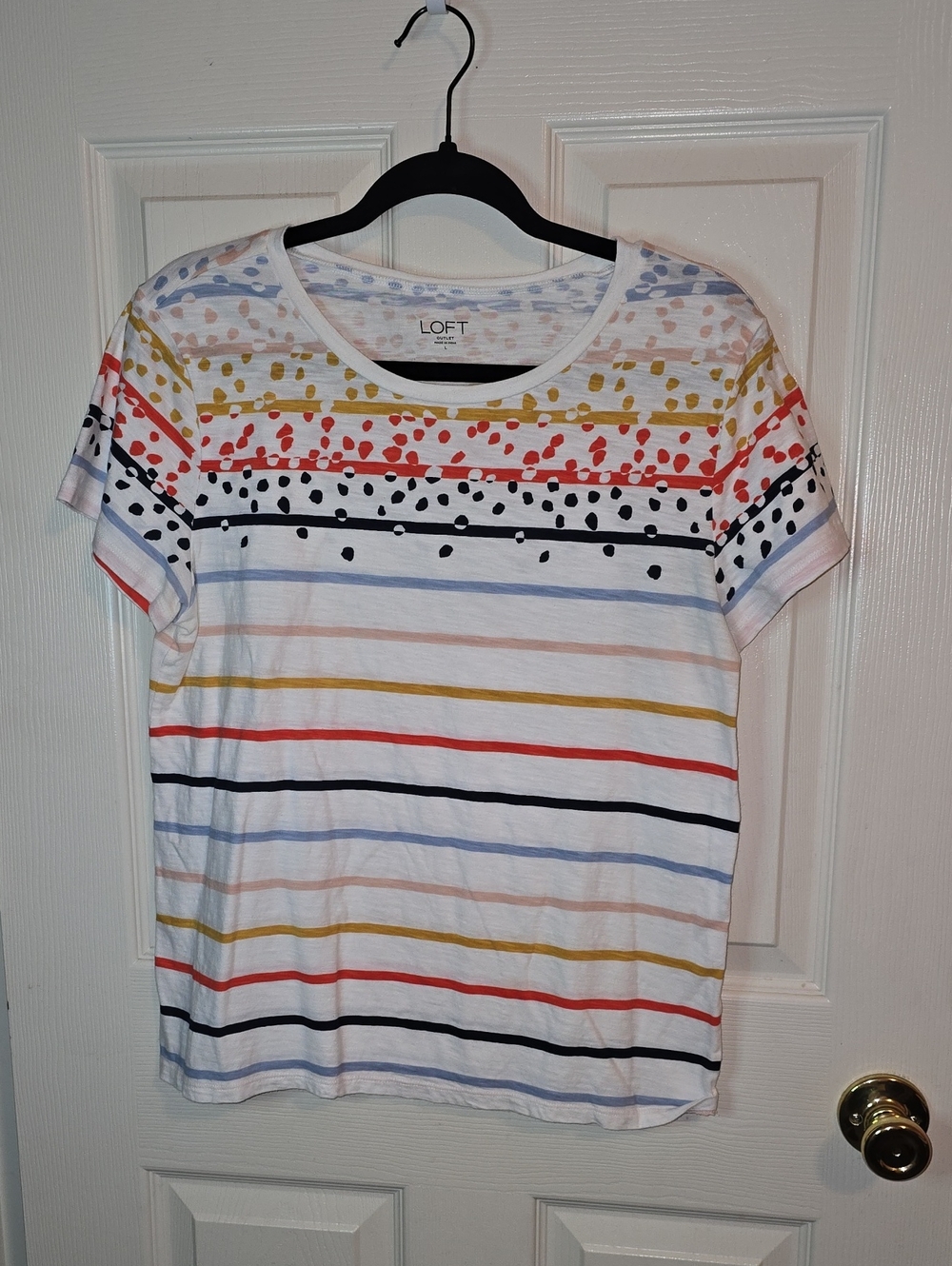 LOFT White Short Sleeve Tee with Red, Blue, Black, Gold and Pink Stripes